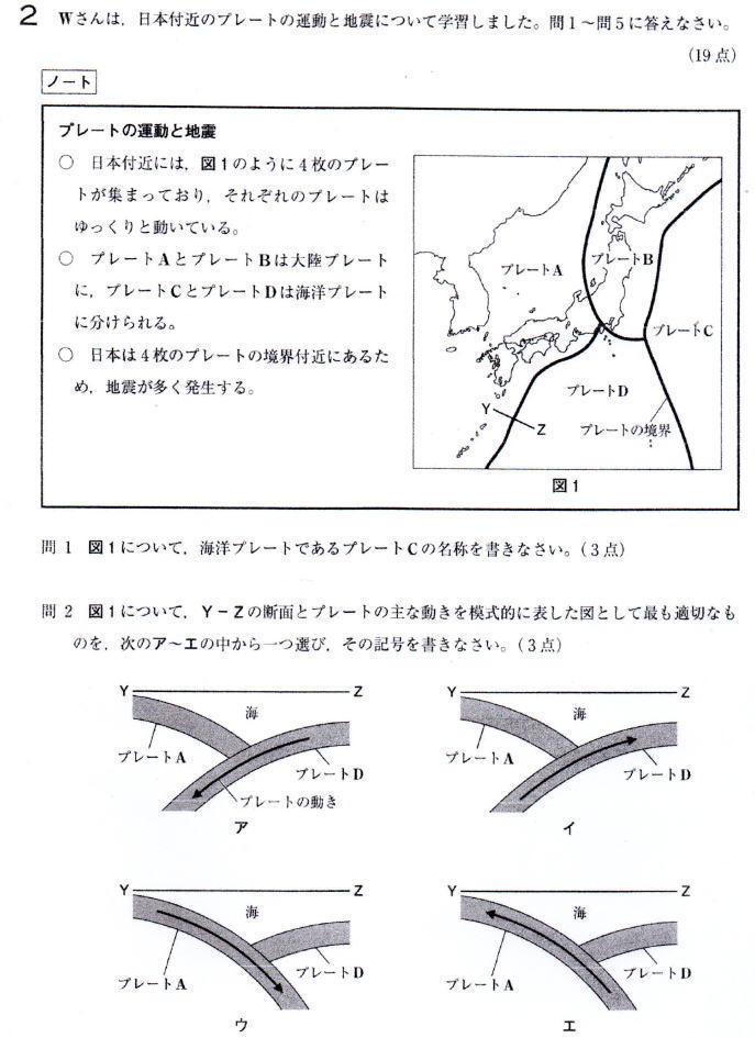 埼玉県立高校21年度理科入試問題 2 プレートの運動と地震 問題 プロ家庭教師集団スペースoneの高校受験過去問対策